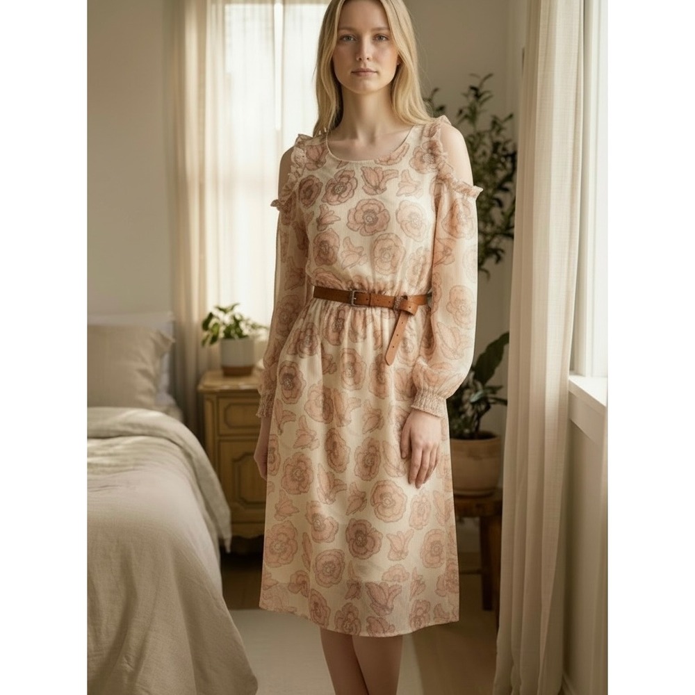 Lucky Brand Floral Cold Shoulder Midi Dress Womens L Peach Smocked Ethereal NWT